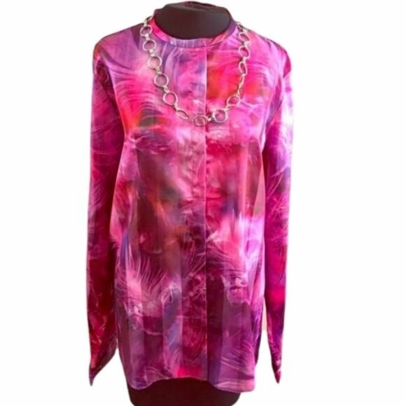 T Tahari Womens blouse Driya Pink Satin Printed Workwear Size XL snap button new - Picture 3 of 16